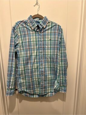 Vineyard Vines Blue and Aqua Plaid Button-Down Shirt